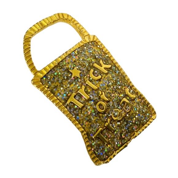 Newpro Trick or Treat Bag Glitter Enamel Gold tone Metal Brooch/Pin - Picture 1 of 5